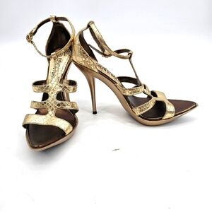 Colin Stuart Leather Gold Metallic Snip Toe Gladiator Heels Pumps Womens Size 8